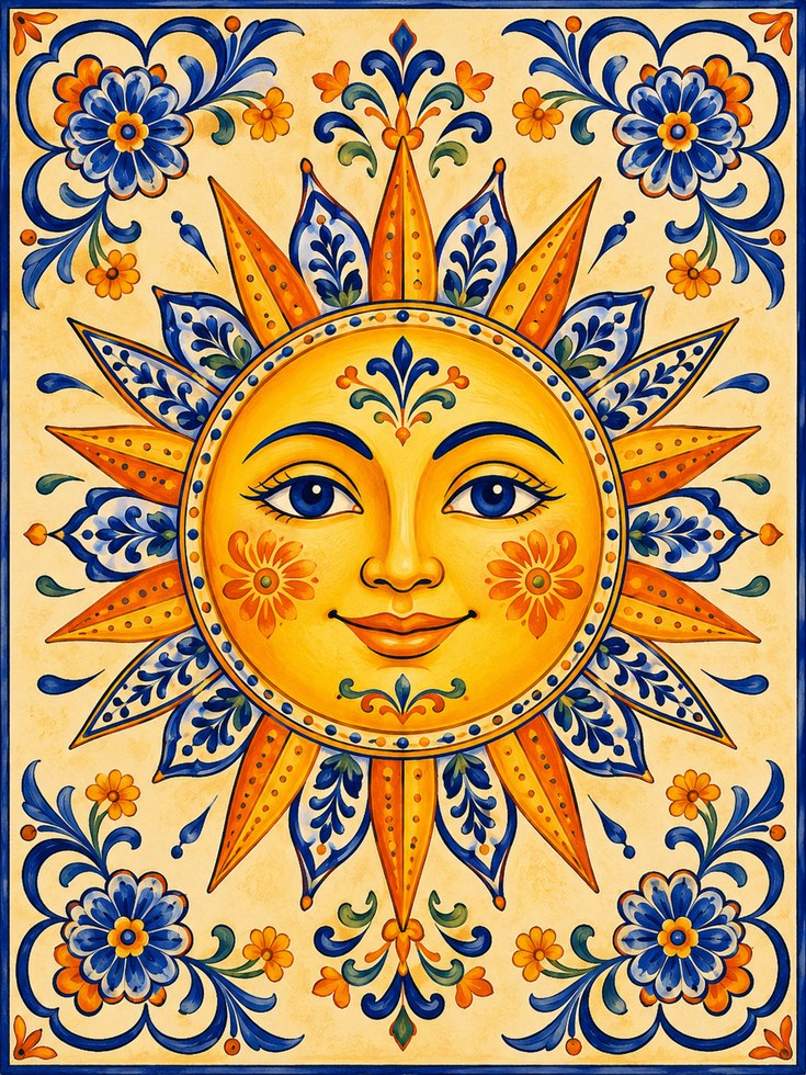 Sun Face Wall Art – Folk Art Print - artwork on paper