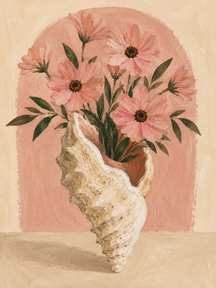 Seashell Vase Wall Art – Pink Floral Print - artwork on paper