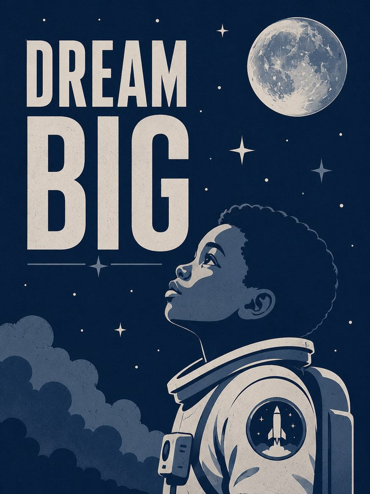 Dream Big Astronaut Poster: Vintage Space Exploration Art Print - artwork on paper
