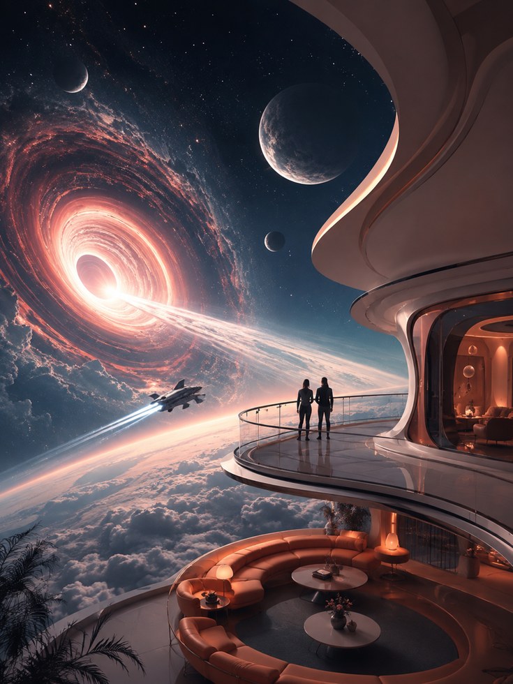 Futuristic Space Observatory Art Print: Spiral Galaxy View - artwork on paper