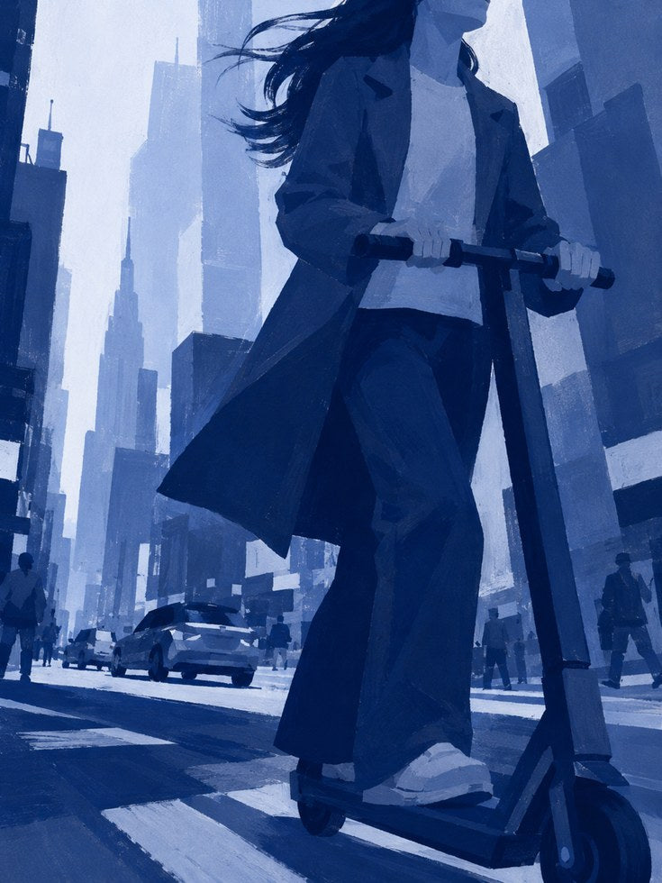 Urban Scooter Commute Art Print: Monochromatic Blue Cityscape - artwork on paper