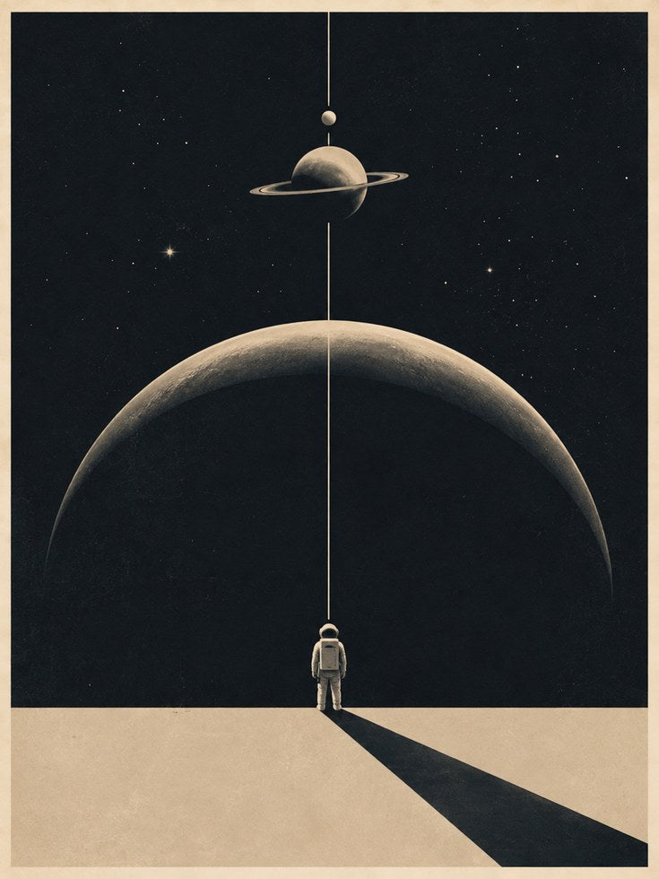 Space Explorer Art Print: Surreal Astronaut and Planetary Alignment - artwork on paper