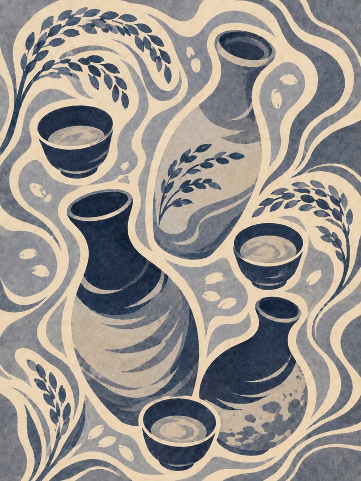 Ceramic Vessels and Wheat Art Print: Folk Art Navy and Beige - artwork on paper