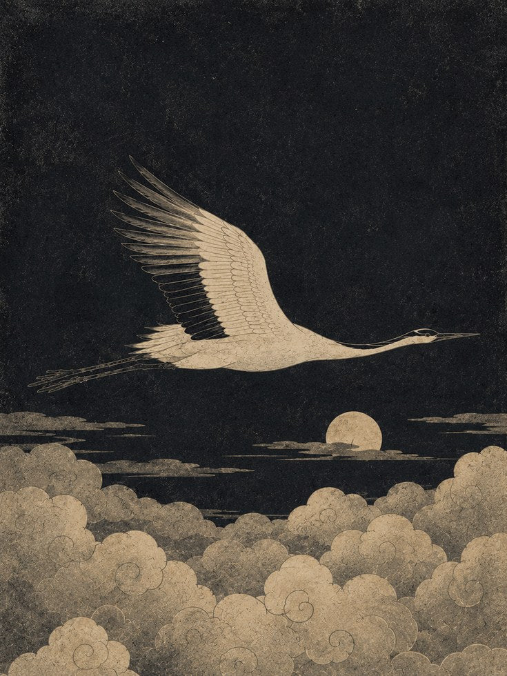 Japanese Crane Print: Vintage Oriental Bird Artwork (Gold & Black) - artwork on paper