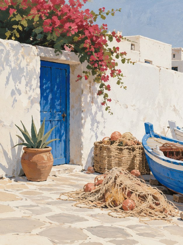 Greek Island Courtyard with Blue Door: Mediterranean Wall Art - artwork on paper