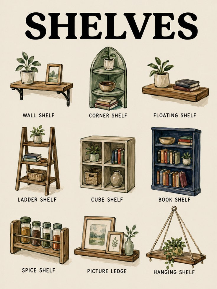Shelves Guide Poster: Vintage Illustrated Home Decor Chart - artwork on paper