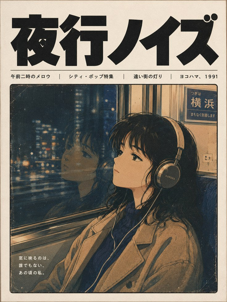 Tokyo Night Train Poster: Retro Japanese Anime City Lights Art - artwork on paper