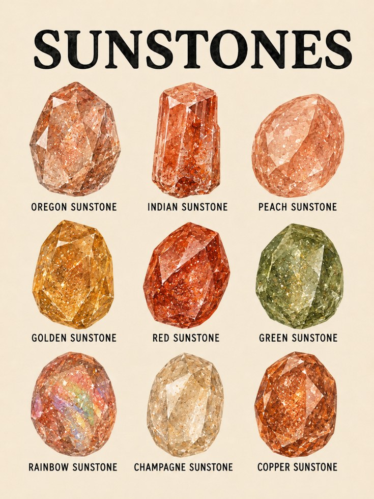 Sunstones Gemstone Chart Poster: Vintage Educational Art Print - artwork on paper