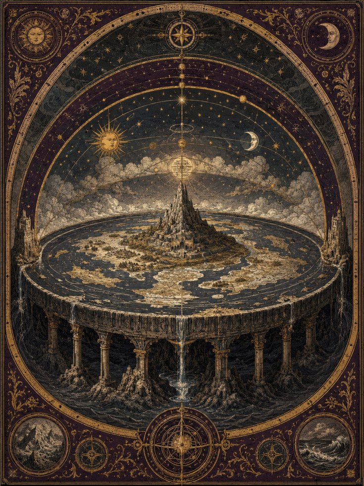 Flat Earth Cosmology Print – Medieval Celestial Map - artwork on paper