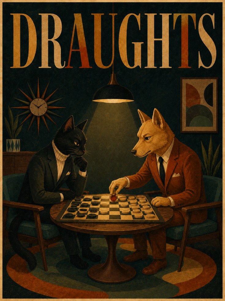 Draughts Game Art Print: Mid-Century Anthropomorphic Animals - artwork on paper