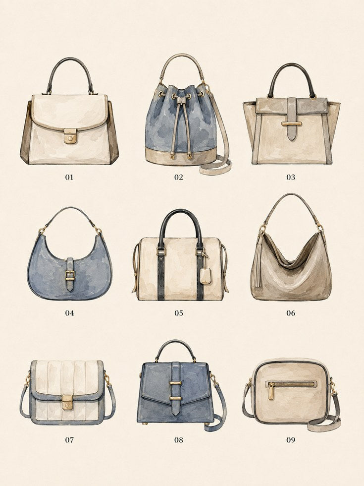 Designer Handbag Collection Poster: Watercolor Fashion Art - artwork on paper