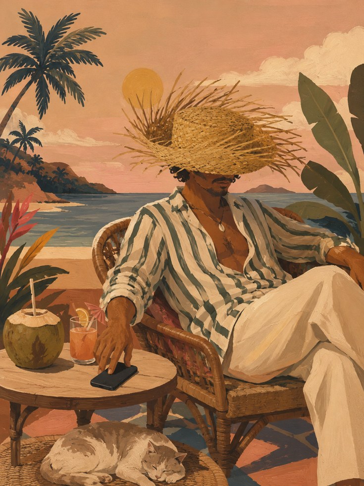 Tropical Coastal Leisure Art Print: Vintage Beach Scene - artwork on paper