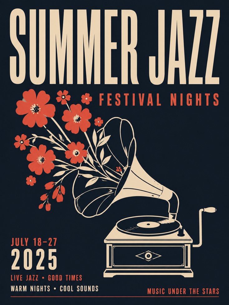 Summer Jazz Festival Poster: Vintage Gramophone Art Print - artwork on paper