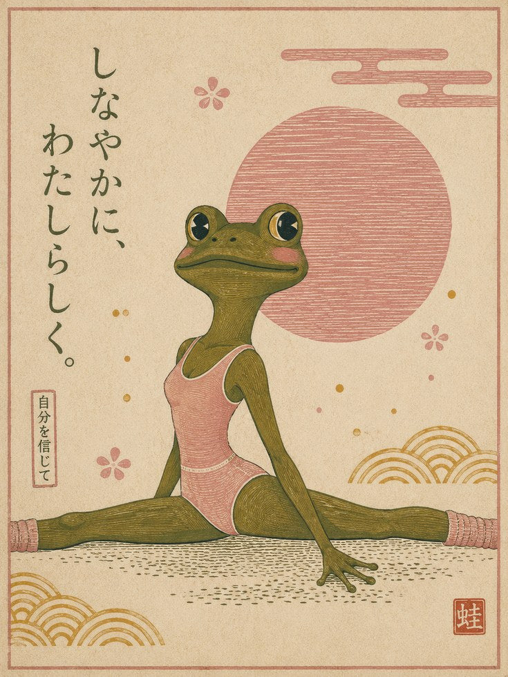Japanese Frog Yoga Art – Zen Wall Print - artwork on paper