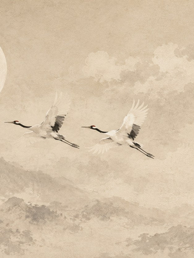 Flying Cranes Art Print: Japanese Watercolor Sepia Landscape - artwork on paper