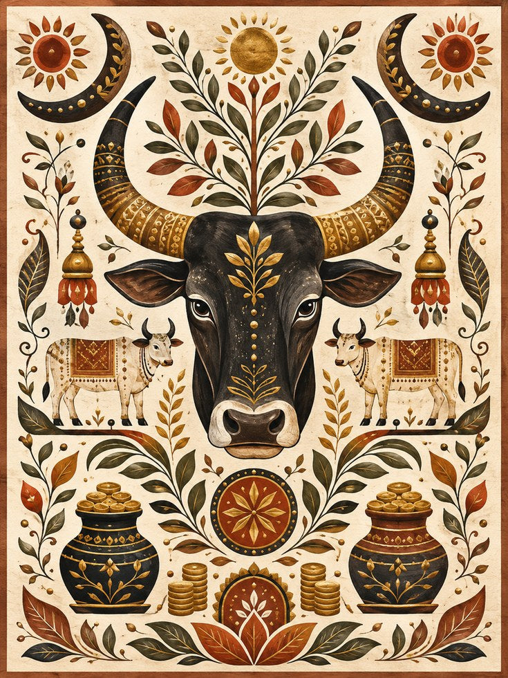Folk Art Bull Print – Symmetrical Animal Wall Art - artwork on paper