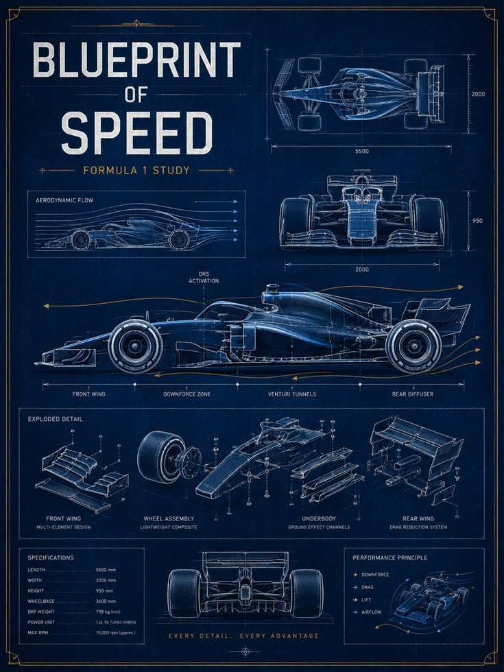 Formula 1 Wall Art: Blueprint Style Racing Car - artwork on paper