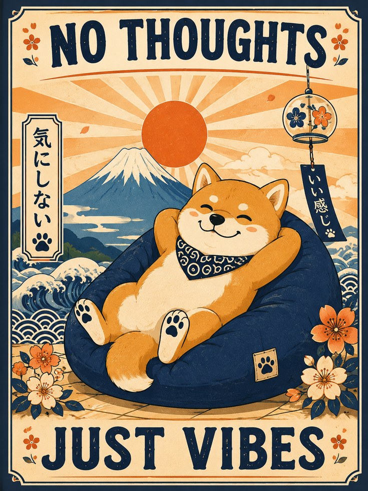 No Thoughts Just Vibes Shiba Inu Print: Japanese Retro Poster - artwork on paper