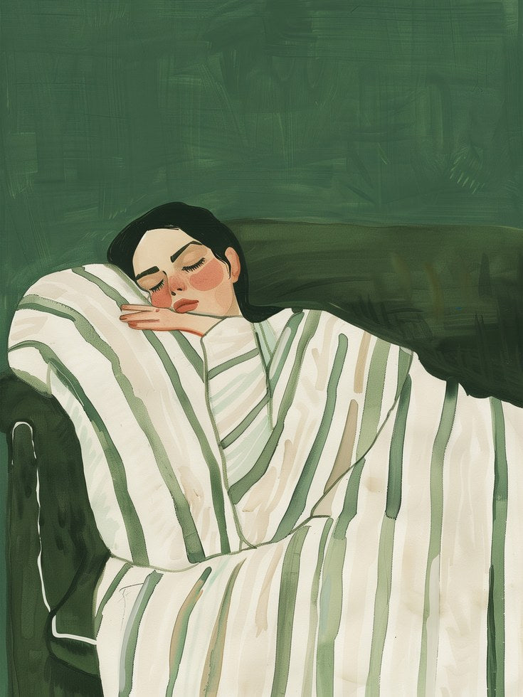Sleeping Woman in Green Striped Bedding: Contemporary Portrait Art - artwork on paper