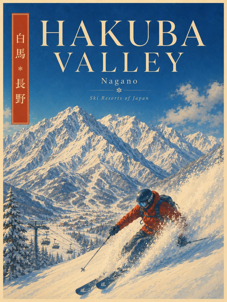 Hakuba Valley Ski Poster: Vintage Japanese Travel Art - artwork on paper