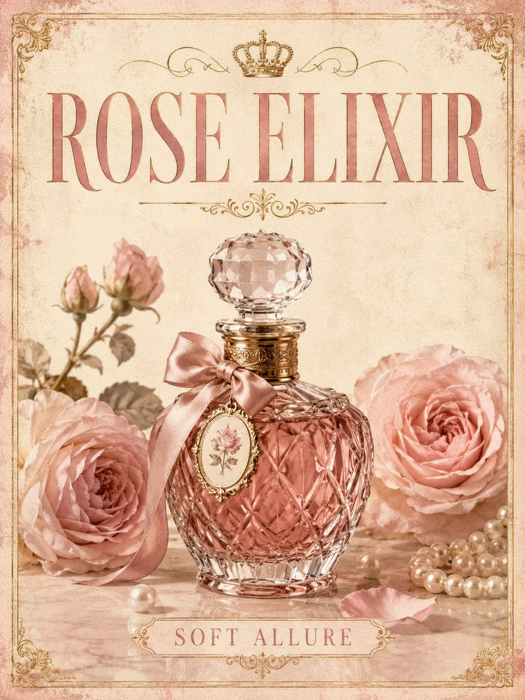 Vintage Perfume Bottle Print — Rose Elixir French Advertisement - artwork on paper