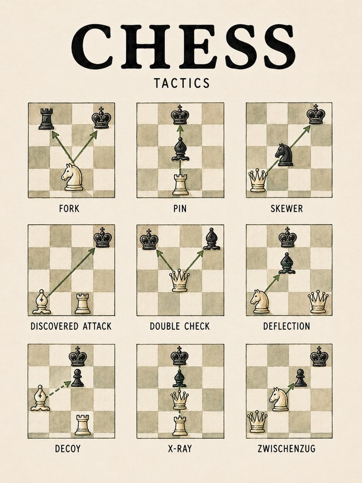 Chess Tactics Poster: Vintage Educational Diagram Wall Art - artwork on paper