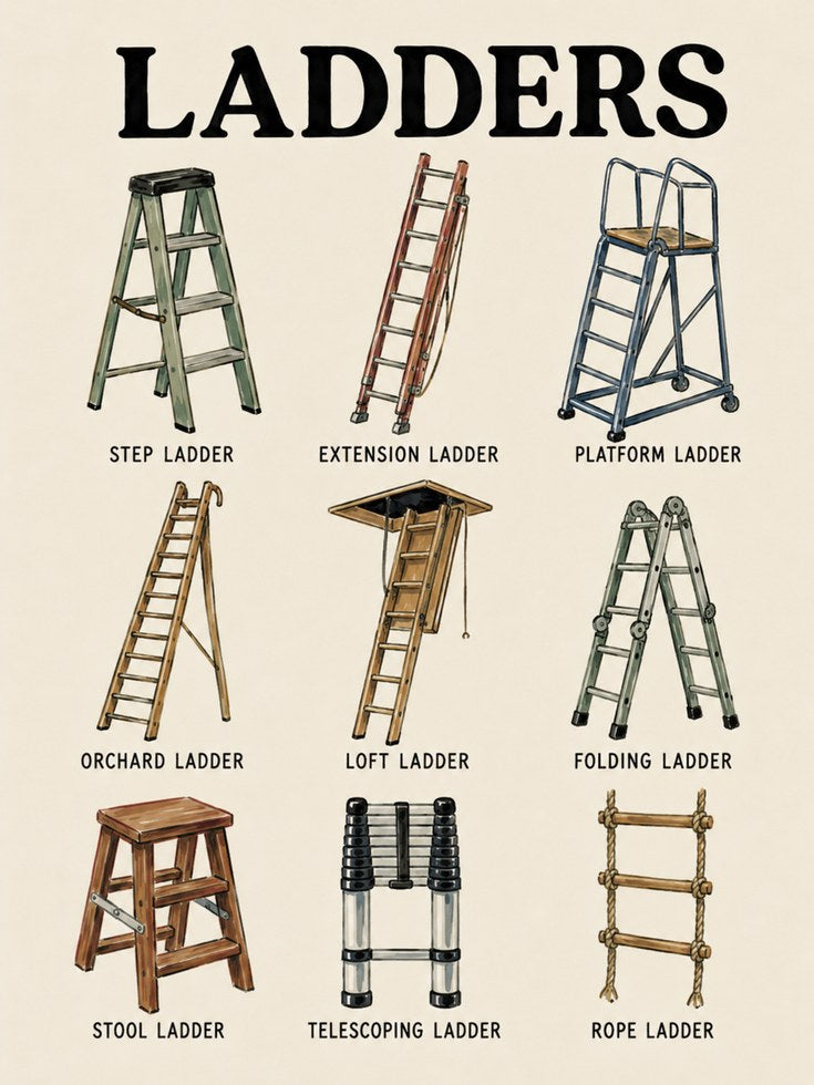 Ladder Types Educational Chart: Vintage Illustration Art Print - artwork on paper