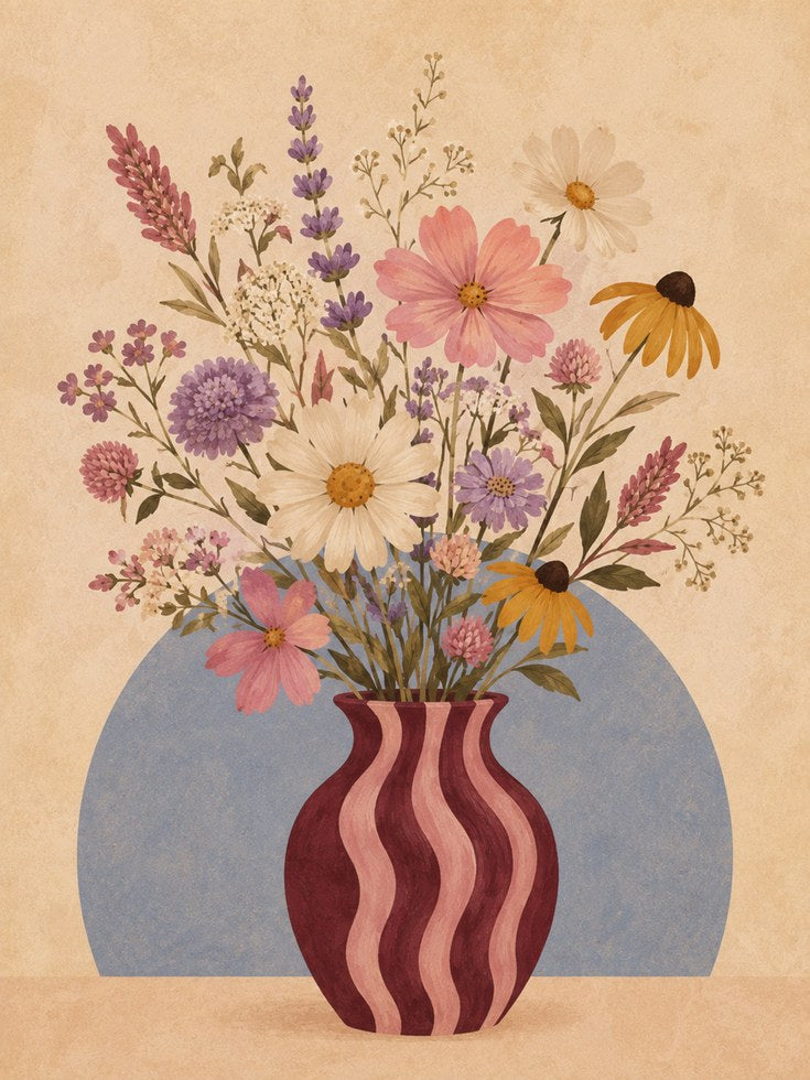 Wildflower Vase Print – Vintage Floral Wall Art - artwork on paper