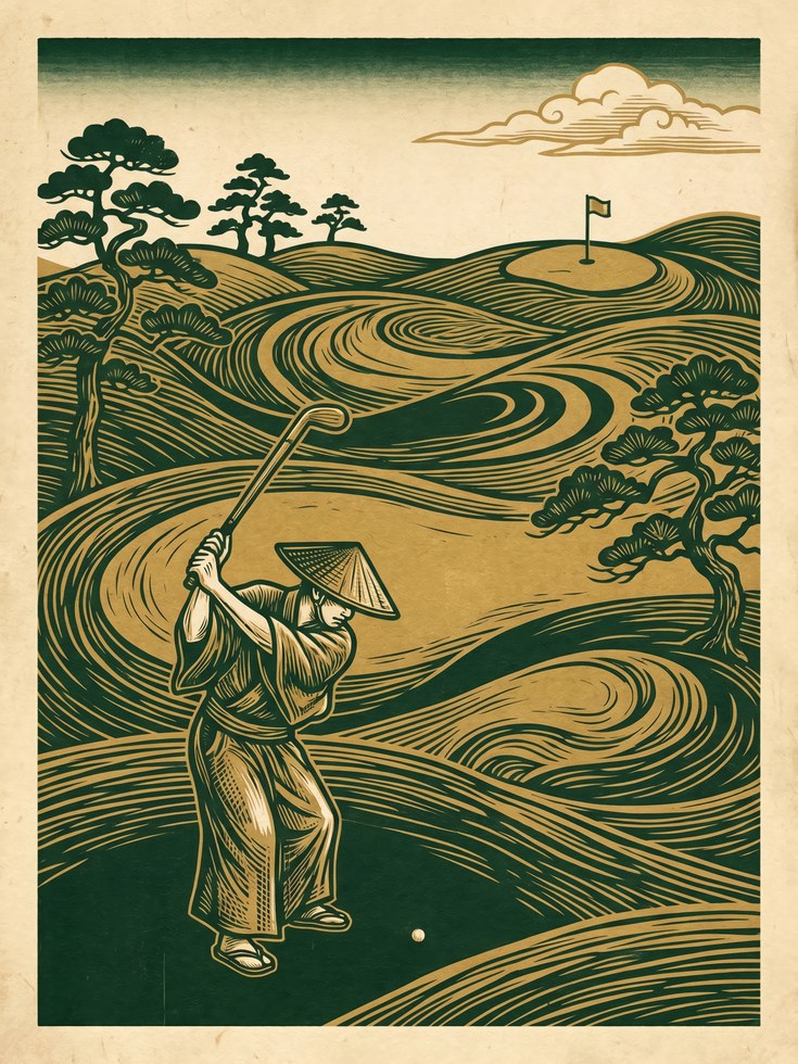 Vintage Japanese Golf Print: Mid-Century Woodblock Art - artwork on paper