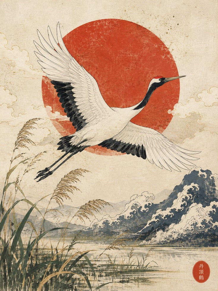 Japanese Crane Art Print: Vintage Red Sun and Wave Design - artwork on paper