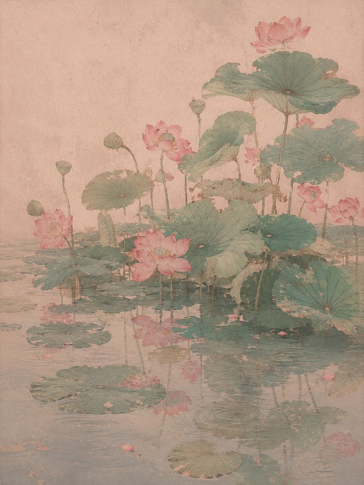 Lotus Flowers and Lily Pads: Traditional Asian Botanical Art Print - artwork on paper