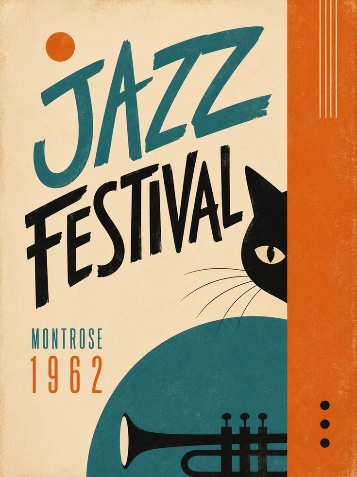 Jazz Festival Poster: Retro 1962 Music Art with Black Cat - artwork on paper