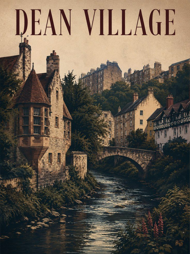 Dean Village Edinburgh Print: Historic Stone Bridge River Scene - artwork on paper