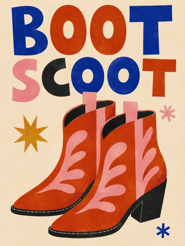 Boot Scoot Poster: Retro Cowboy Boots Typography Art Print - artwork on paper