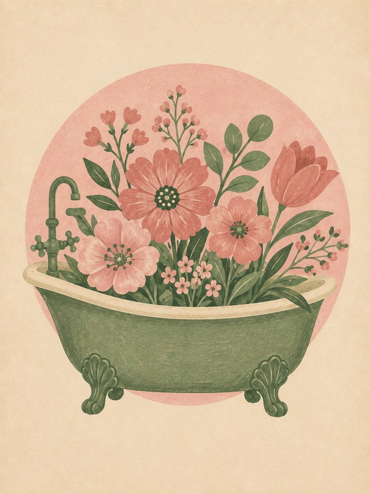 Bathtub Floral Wall Art – Vintage Bathroom Print - artwork on paper