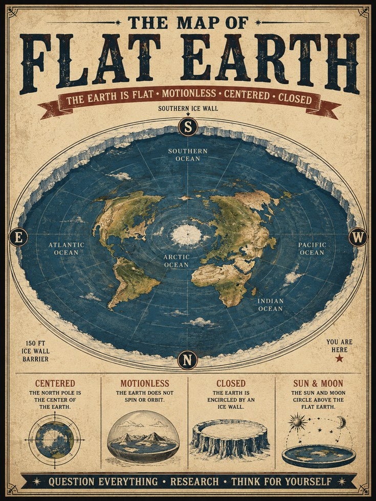 Flat Earth Map Poster – Vintage Map Print - artwork on paper