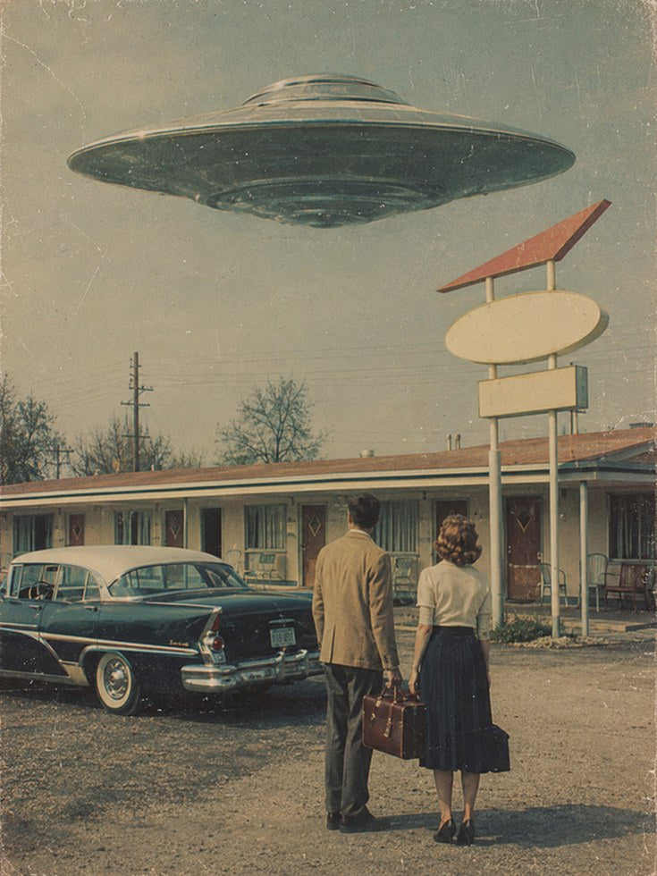 Retro UFO Motel Encounter: Vintage 1950s Science Fiction Art Print - artwork on paper