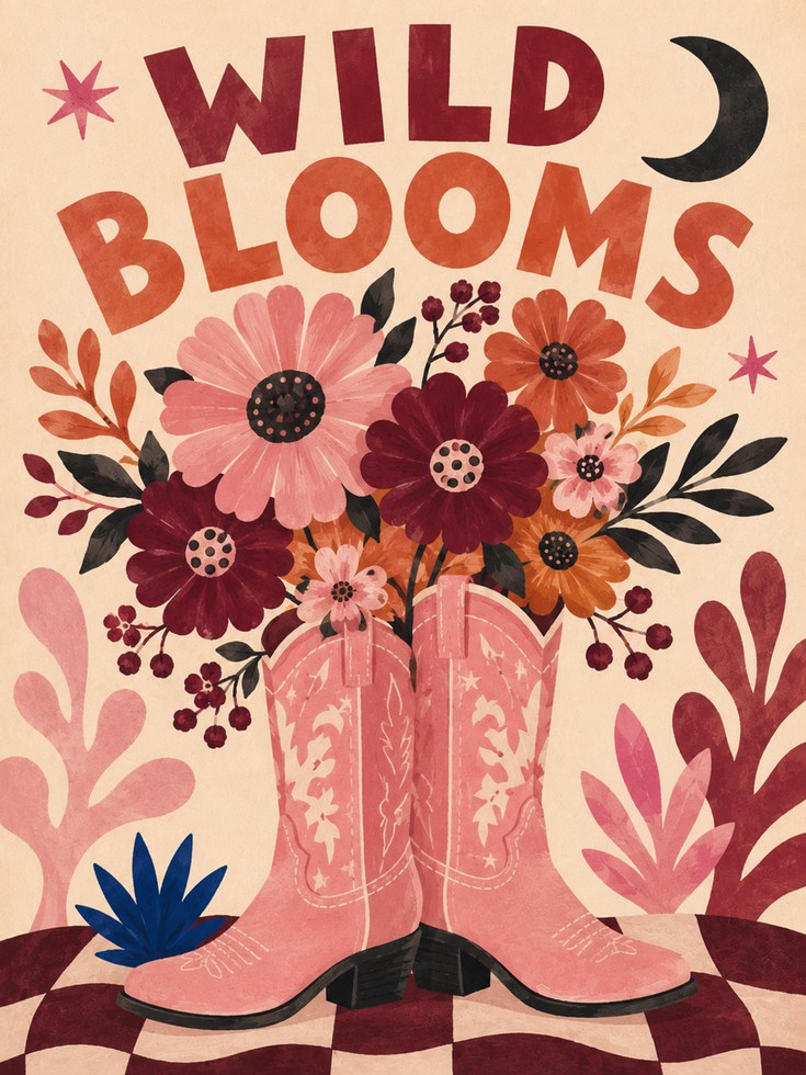 Wild Blooms Cowboy Boots Print: Retro Western Floral Wall Art - artwork on paper