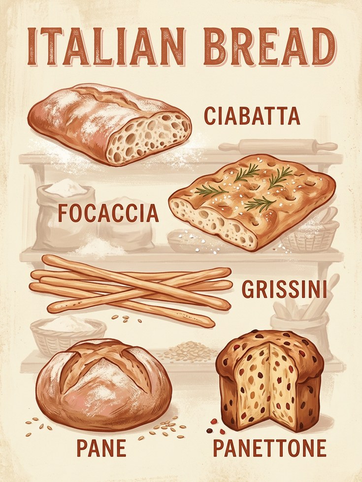 Italian Bread Poster — Vintage Bakery Illustration - artwork on paper