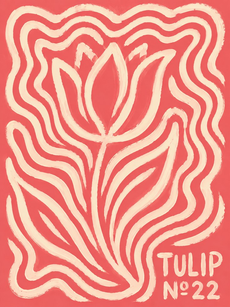 Retro Tulip Poster: Coral and Cream Psychedelic Flower Art - artwork on paper