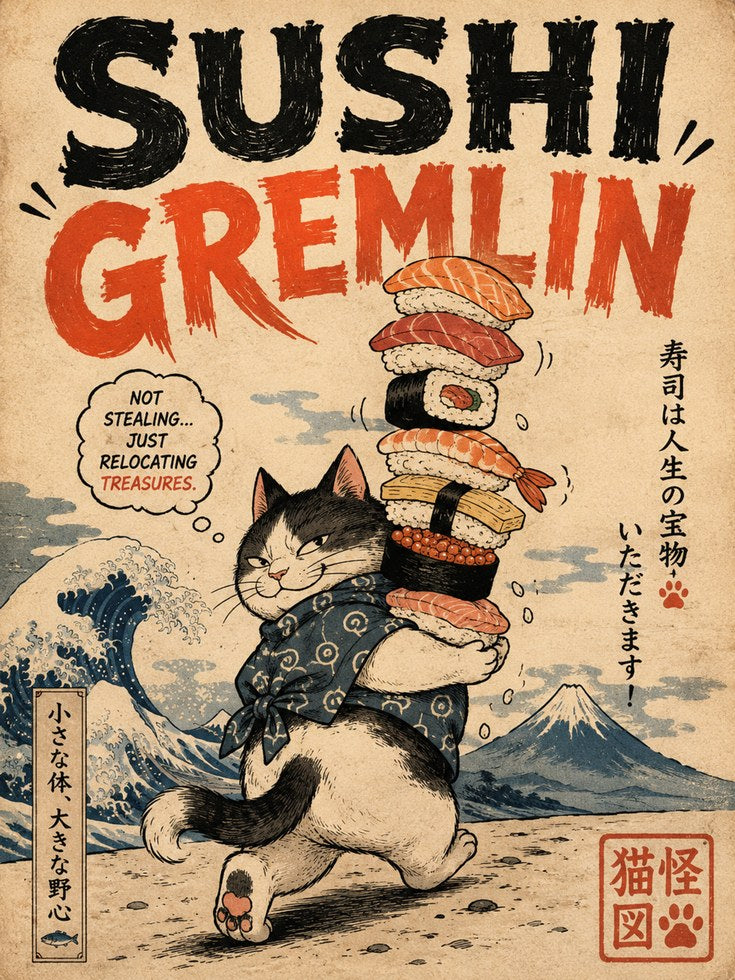 Sushi Gremlin Cat Poster: Japanese Ukiyo-e Style Wall Art - artwork on paper