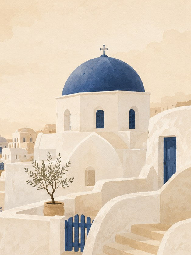 Greek Santorini Church Art Print: Blue Dome Mediterranean Watercolor - artwork on paper