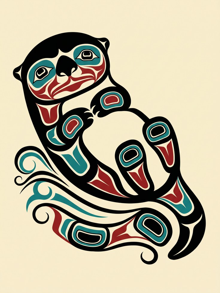Otter Art Print: Pacific Northwest Coast Formline (Teal and Red) - artwork on paper