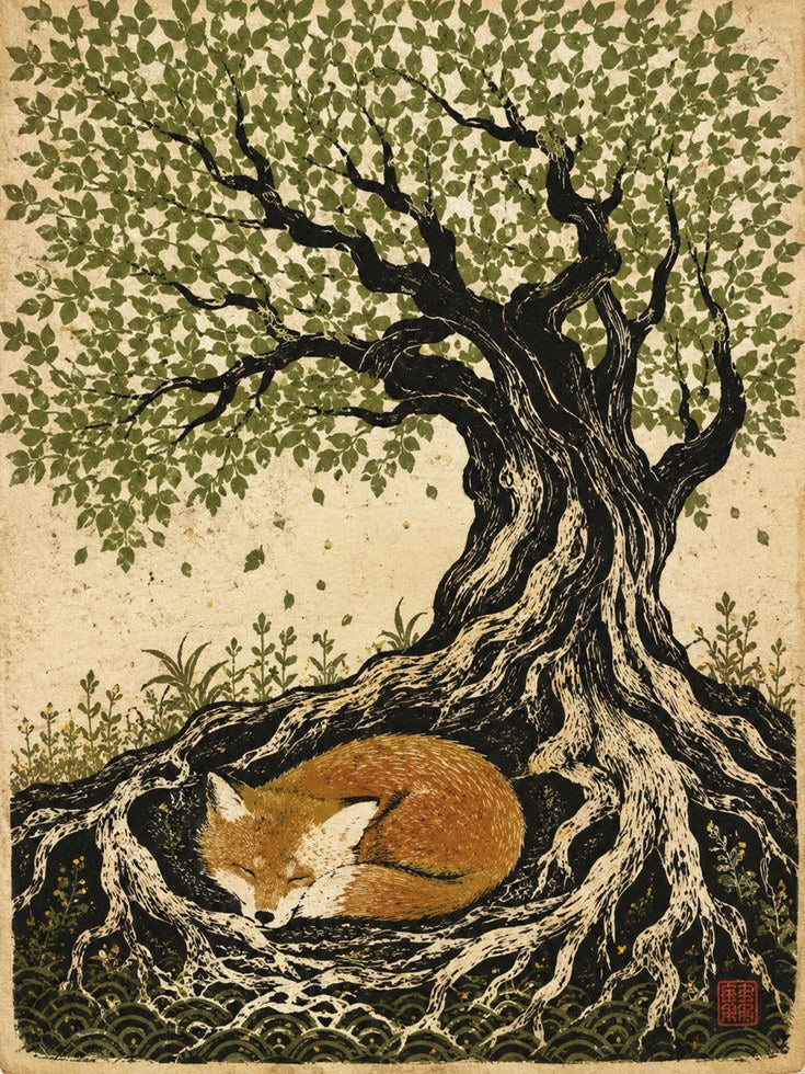 Fox and Tree Wall Art – Sleeping Fox Print - artwork on paper
