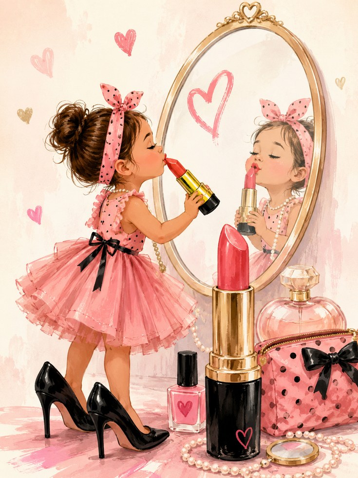 Little Girl with Lipstick Mirror Art Print: Pink Fashion Poster - artwork on paper