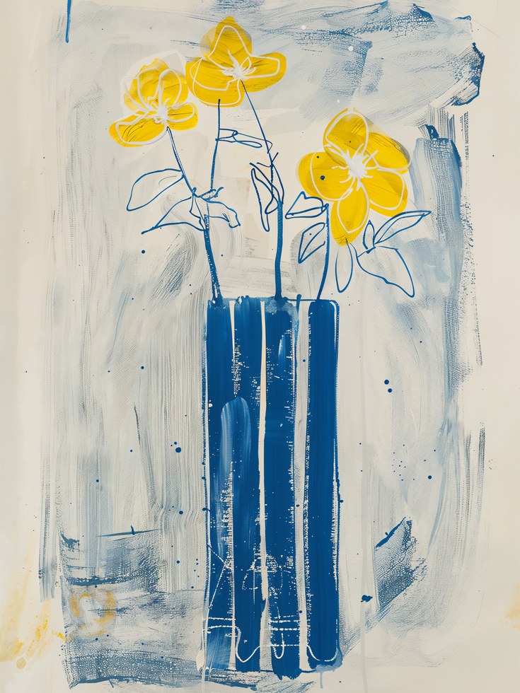 Floral Wall Art Print: Yellow Flowers and Blue Vase (Abstract Style) - artwork on paper