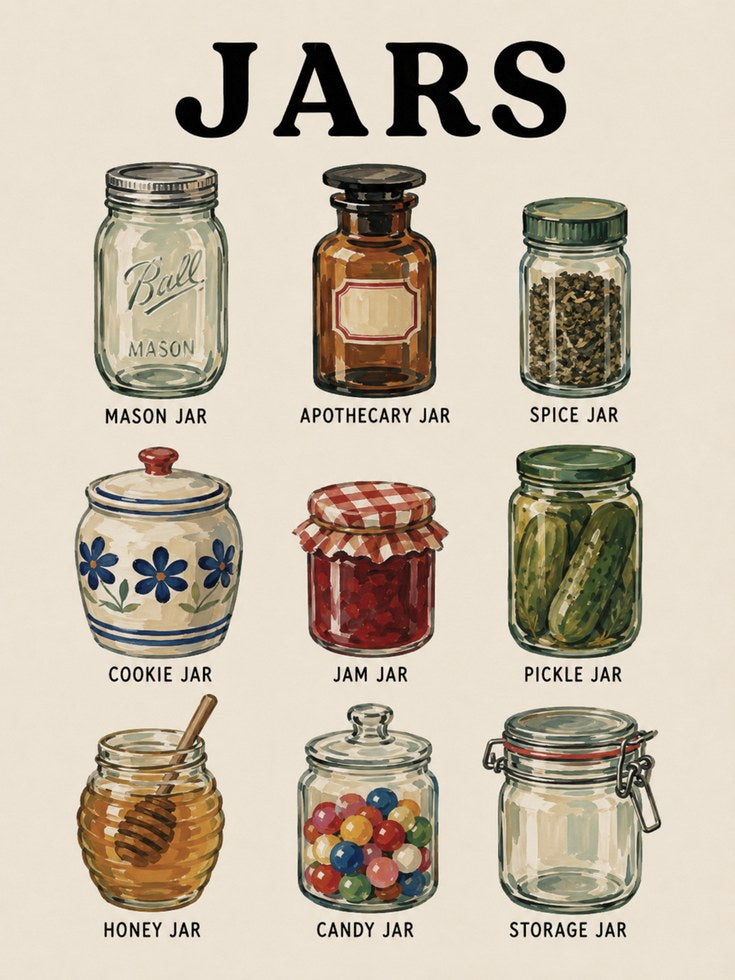 Jars Kitchen Wall Art – Types of Jars Poster - artwork on paper