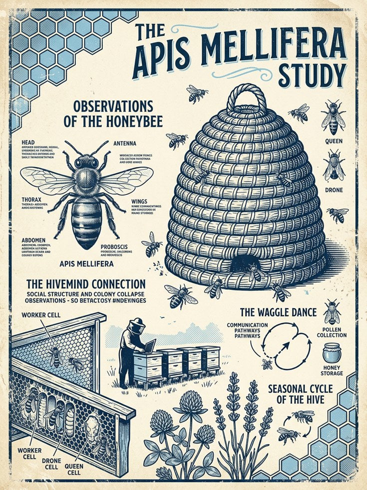 Vintage Honeybee Study Poster: Scientific Beekeeping Diagram Art - artwork on paper