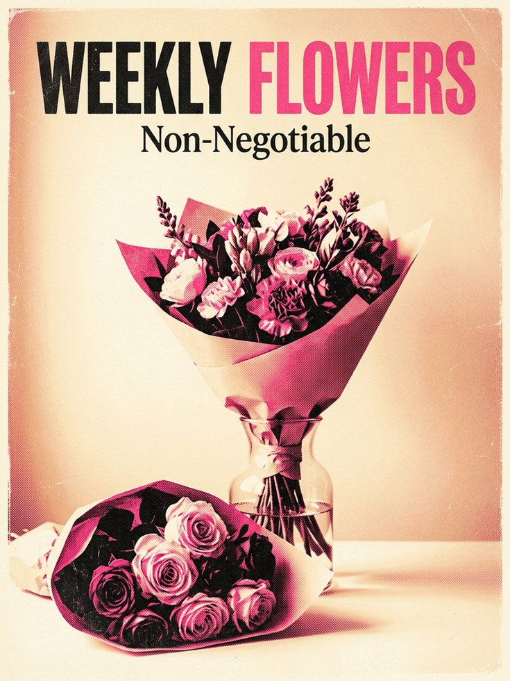 Weekly Flowers Vintage Poster: Retro Pink Floral Advertisement - artwork on paper