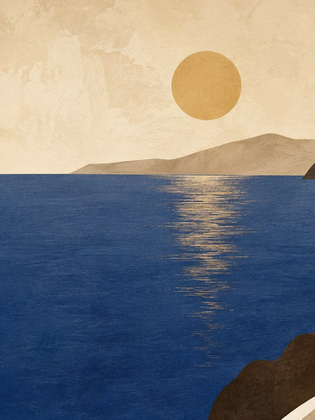 Minimalist Coastal Sunset Print: Blue Ocean and Beige Landscape - artwork on paper